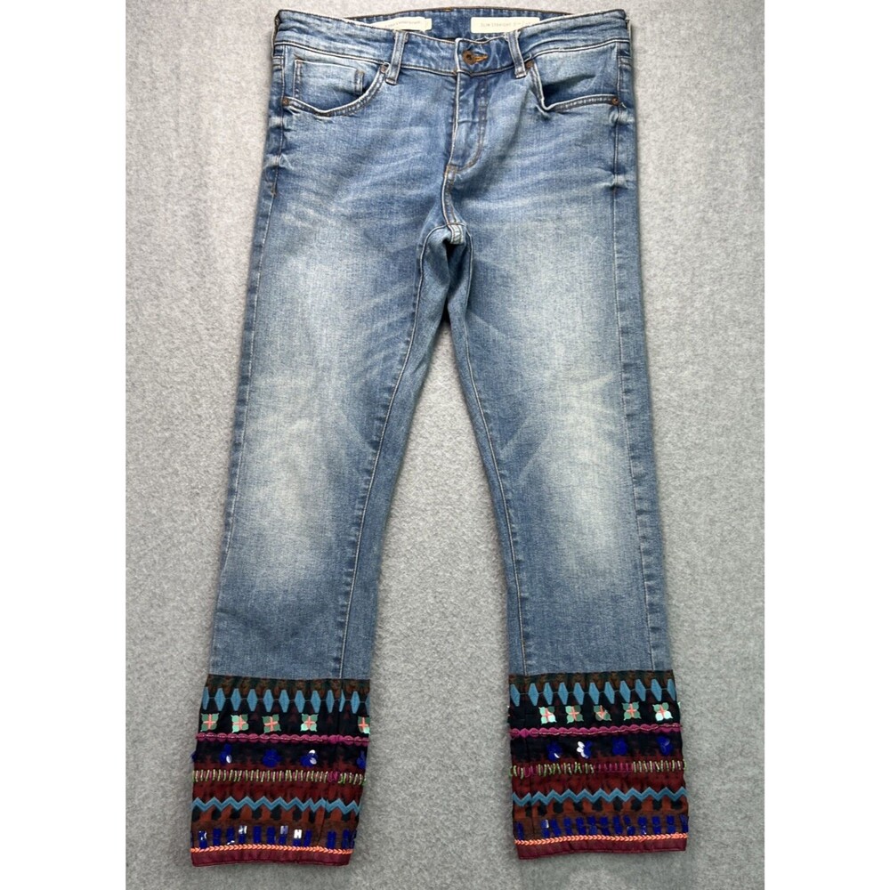 Pilcro Jeans Women 28 Blue Slim Straight Leg Mid Rise Embellished Hem Boho Artsy